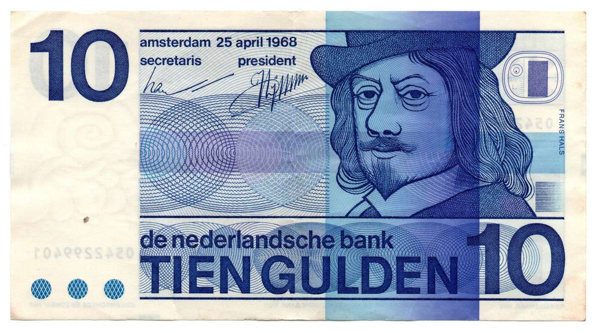 1968 Netherlands 10 Gulden plain Bullseye variety Pick#91b, verticle and corner folds