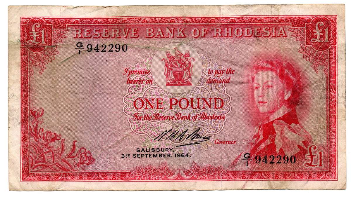 1964 Rhodesia 1 Pound Salisbury Pick#25a, folds and creases, top edge tear