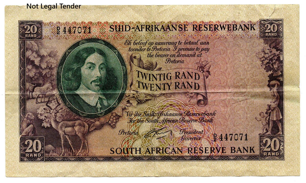 1962 South Africa Type 2 First Issue G Rissik R20, folds and creases, top edge tear and 2 staple hol