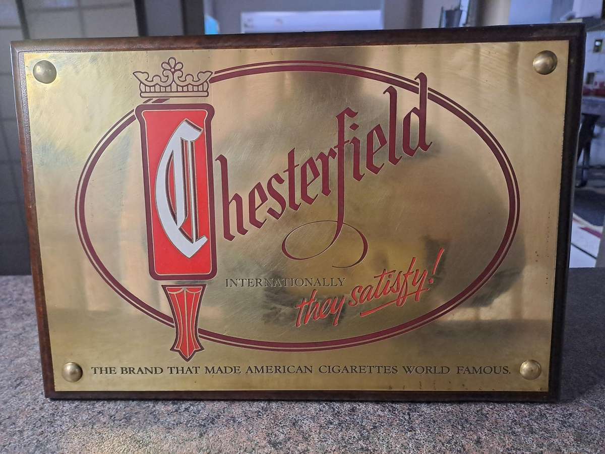 Vintage signage Chesterfield brass and wood advertising
