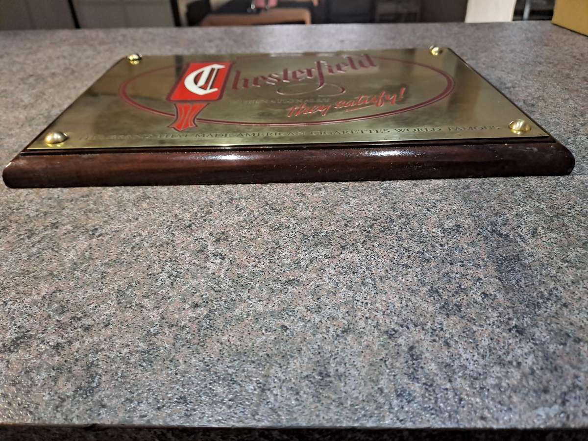 Vintage signage Chesterfield brass and wood advertising