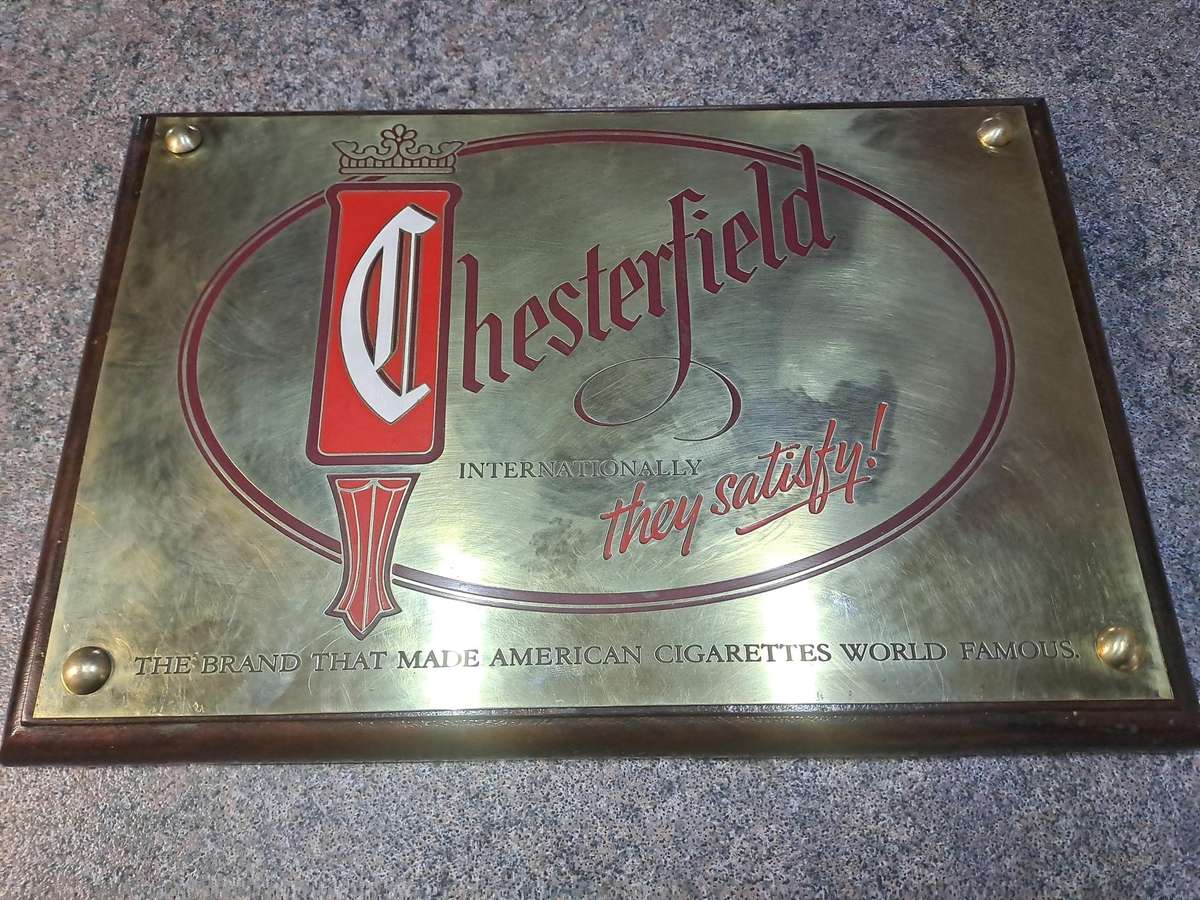 Vintage signage Chesterfield brass and wood advertising