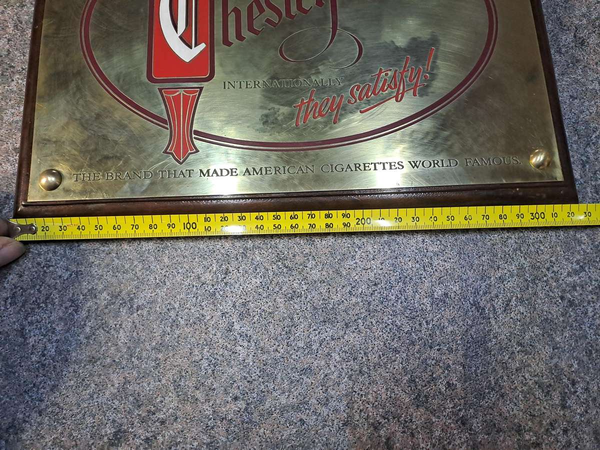 Vintage signage Chesterfield brass and wood advertising