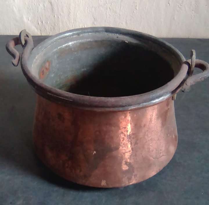 19th century hand beaten antique copper cauldron