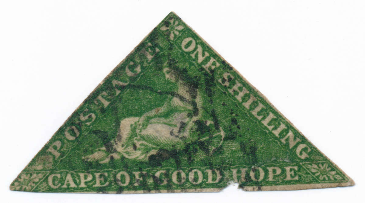 1855 to 1858 Cape Of Good Hope - One Shilling - Triangular Stamp - Yellow Green