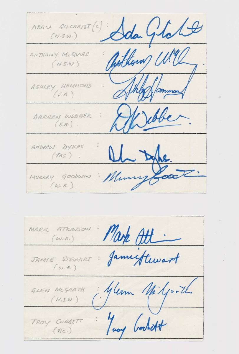 Rare Australian Cricket Autograph Collection  Adam Gilchrist, Glenn McGrath, Murray Goodwin & Other