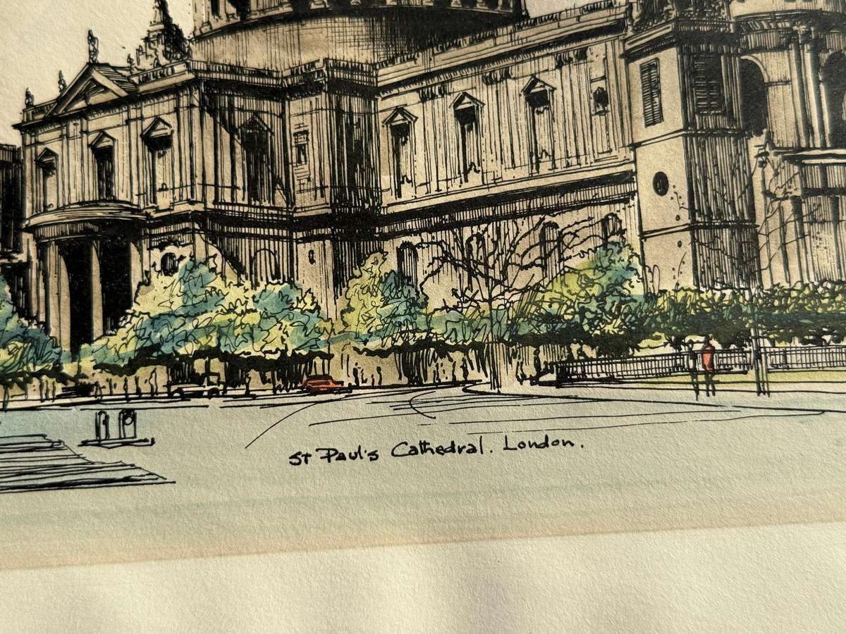 Guy Magnus  St Pauls Cathedral, London Hand-Coloured Original Print  Signed & Dated 1975