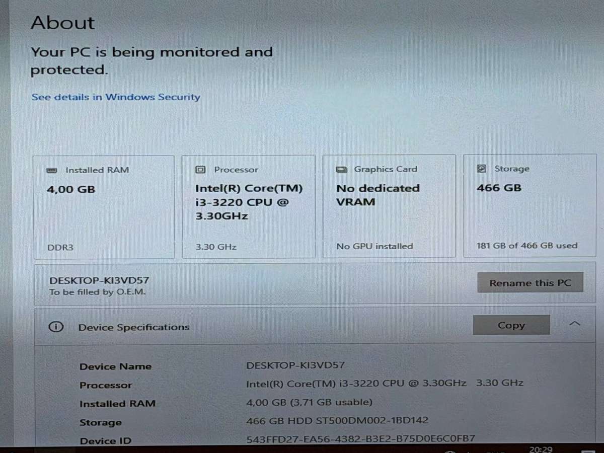 Desktop PC - i3-3220, 4GB RAM, 500GB HDD, Windows 10 Pro