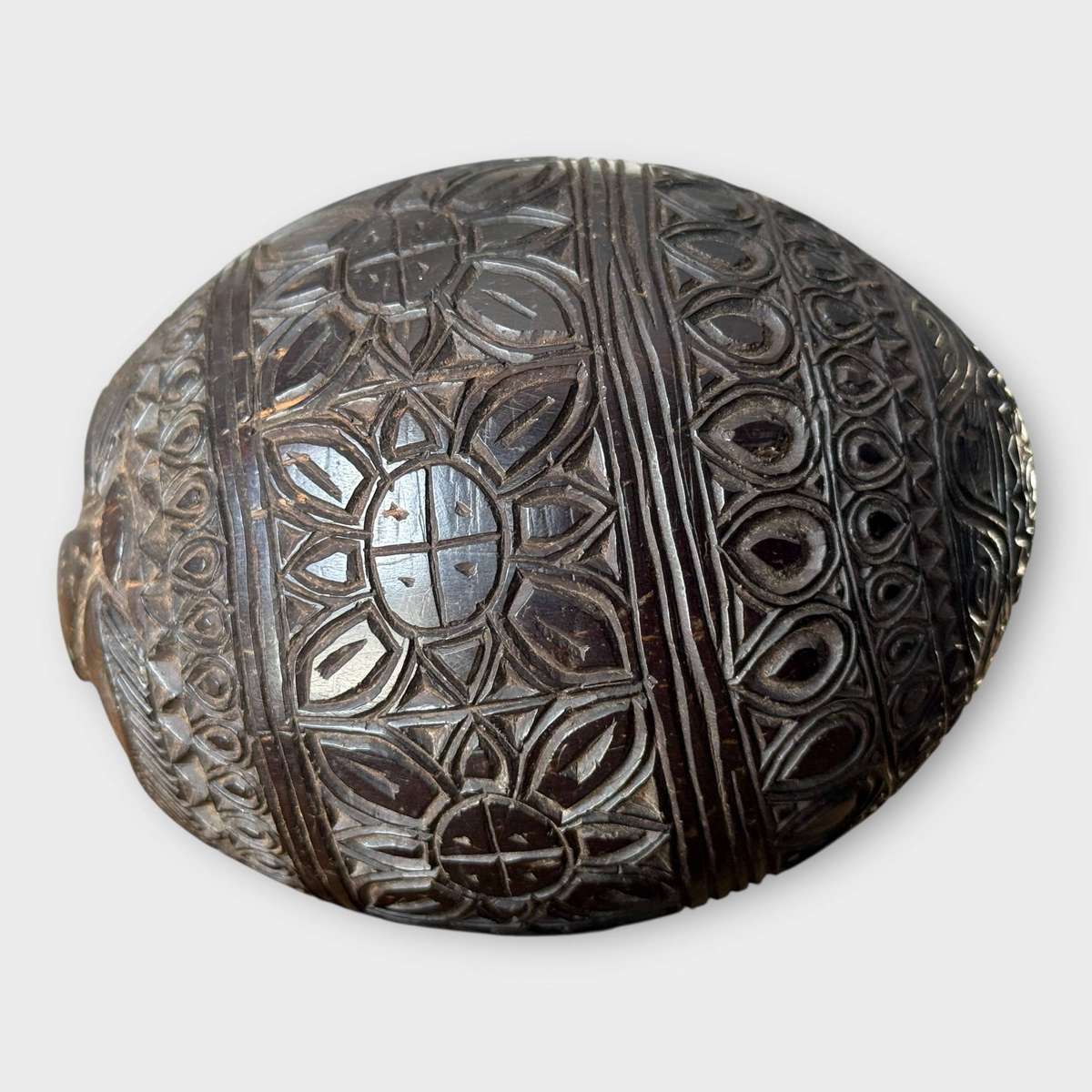 Hand-Carved Coconut Bugbear Flask circa 1825