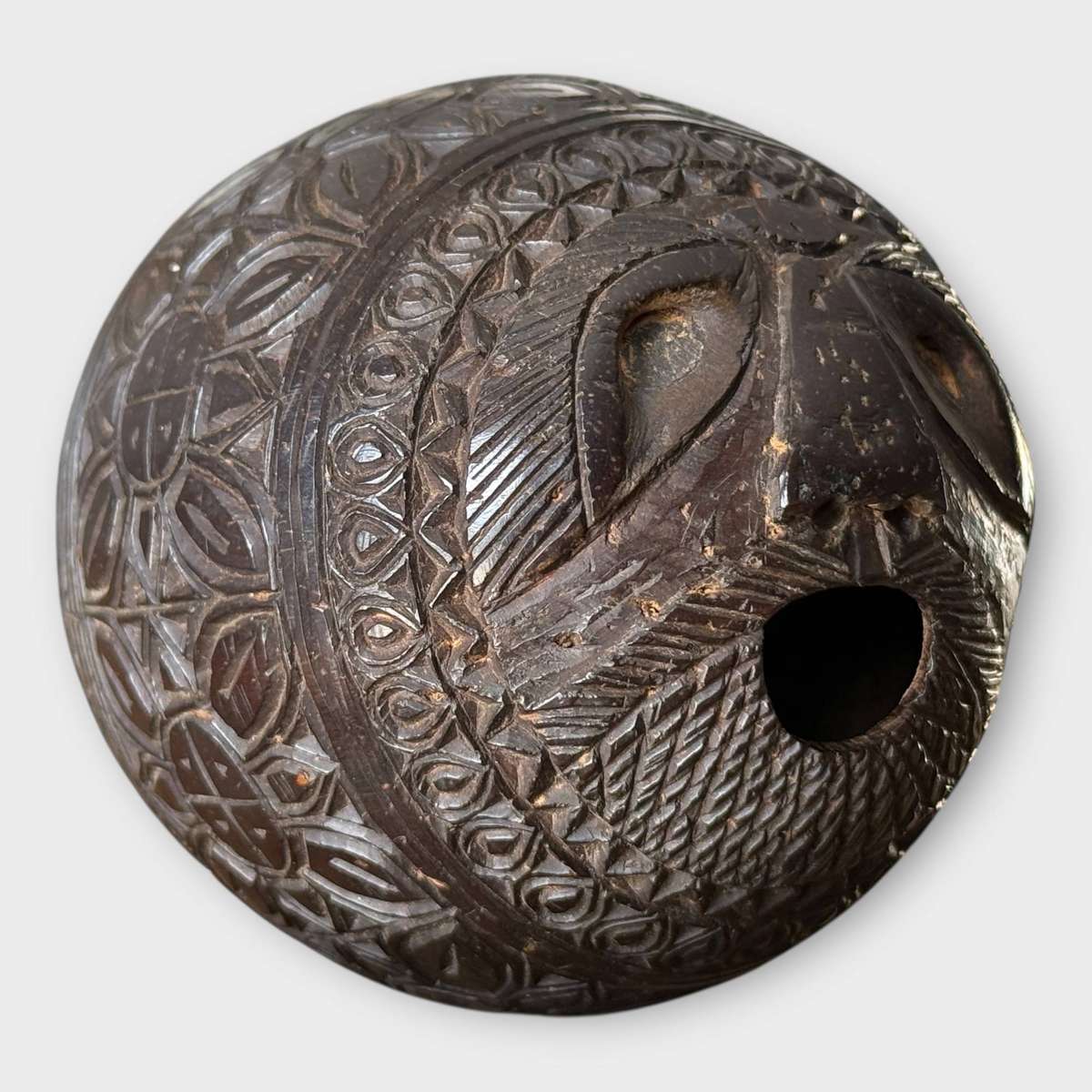 Hand-Carved Coconut Bugbear Flask circa 1825