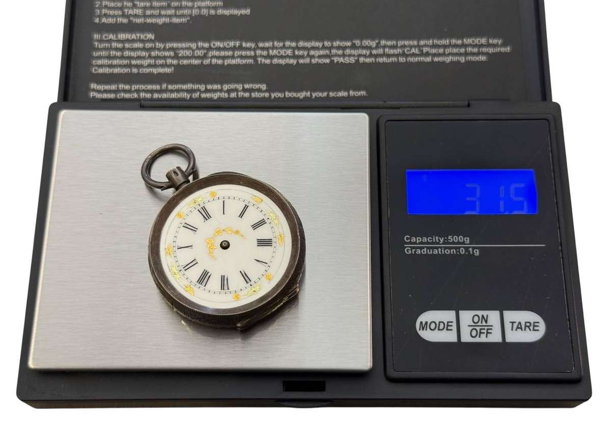 Antique Pocket Watch 0.935 Silver Enamel & Gold Dial 31.5 grams