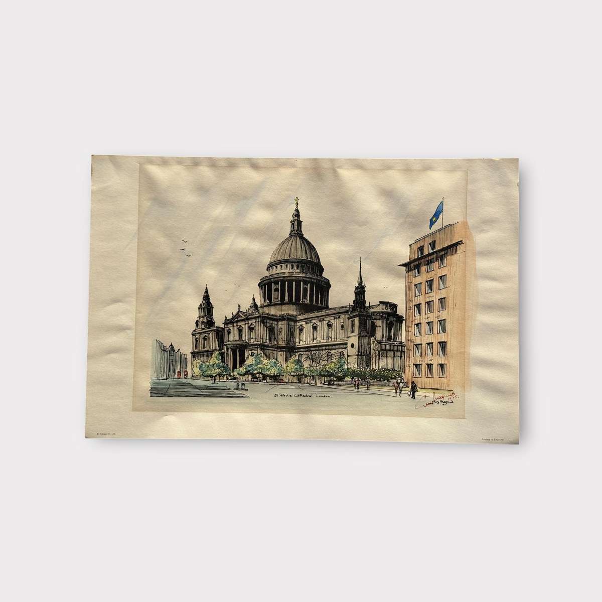 Guy Magnus  St Pauls Cathedral, London Hand-Coloured Original Print  Signed & Dated 1975