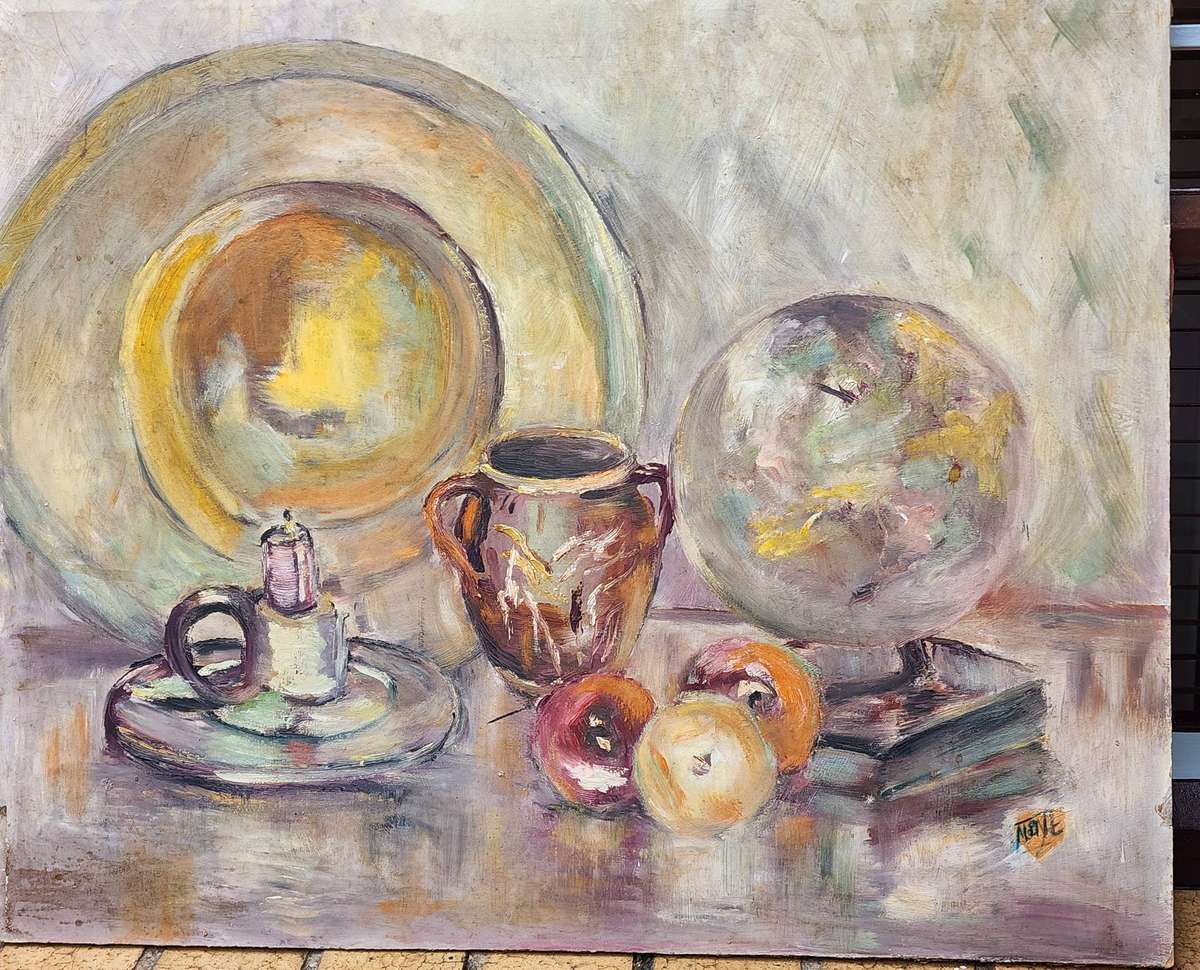 STILL LIFE -fruit, books, candle - beautiful surreal almost abstract - OIL PAINTING on board, FAB!