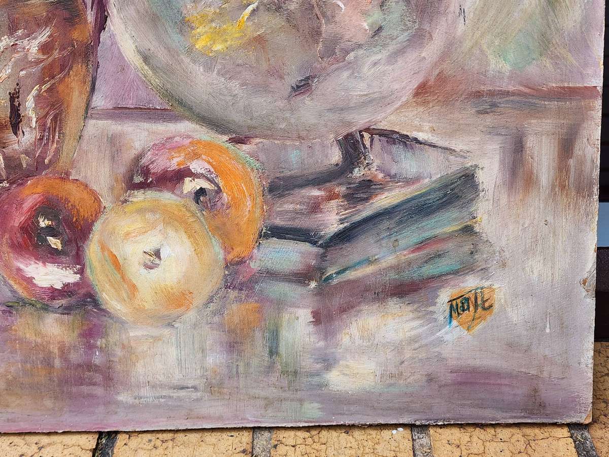 STILL LIFE -fruit, books, candle - beautiful surreal almost abstract - OIL PAINTING on board, FAB!