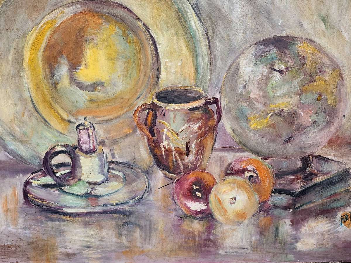 STILL LIFE -fruit, books, candle - beautiful surreal almost abstract - OIL PAINTING on board, FAB!