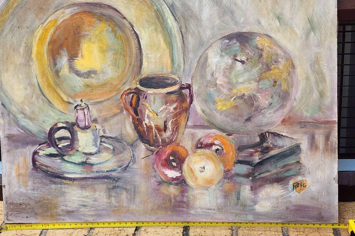 STILL LIFE -fruit, books, candle - beautiful surreal almost abstract - OIL PAINTING on board, FAB!