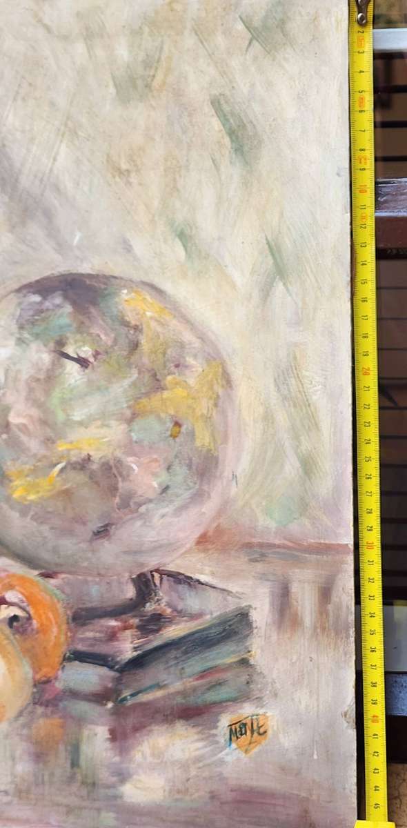 STILL LIFE -fruit, books, candle - beautiful surreal almost abstract - OIL PAINTING on board, FAB!