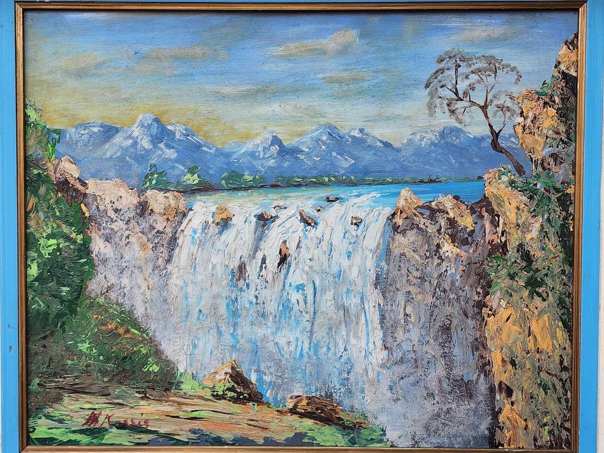 VICTORIA FALLS -OIL PAINTING Framed - marvelous, bright, colorful and vibrant- magnificent views!