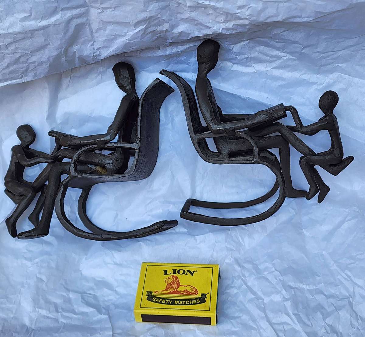 Vintage METAL Bookends - pair of Unique design "FATHER and SON on Rocking Chair, reading" SUPERB!