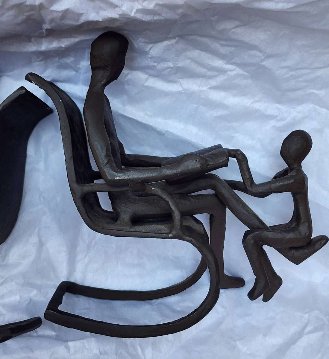 Vintage METAL Bookends - pair of Unique design "FATHER and SON on Rocking Chair, reading" SUPERB!