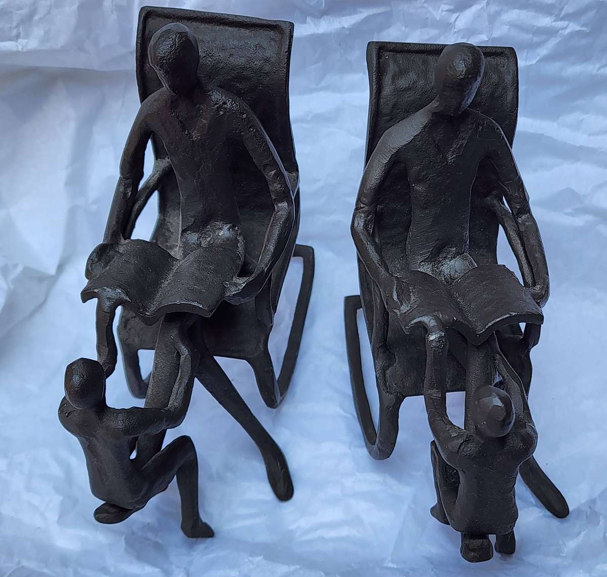 Vintage METAL Bookends - pair of Unique design "FATHER and SON on Rocking Chair, reading" SUPERB!
