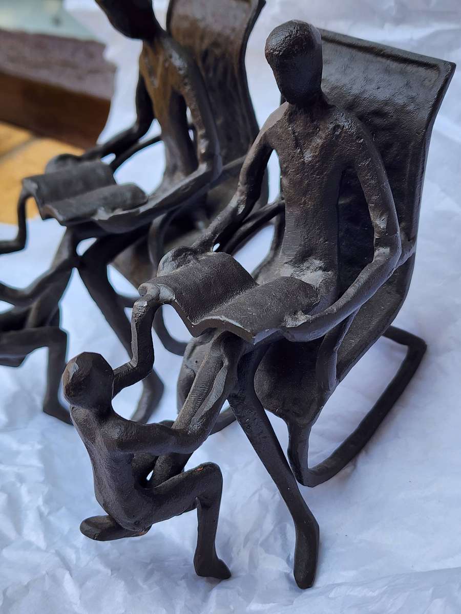 Vintage METAL Bookends - pair of Unique design "FATHER and SON on Rocking Chair, reading" SUPERB!