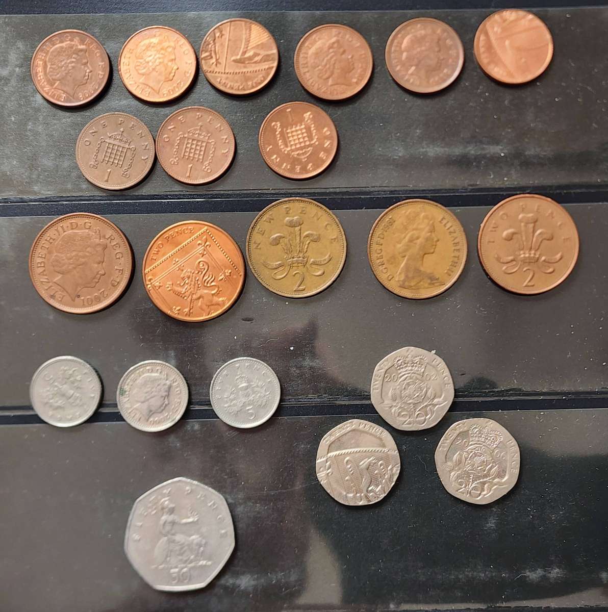 COINS- UK Coins, lot of 21 on card, featuring 1p,2p, 5p, 20p and 50p coins- lovely lot,great bargain
