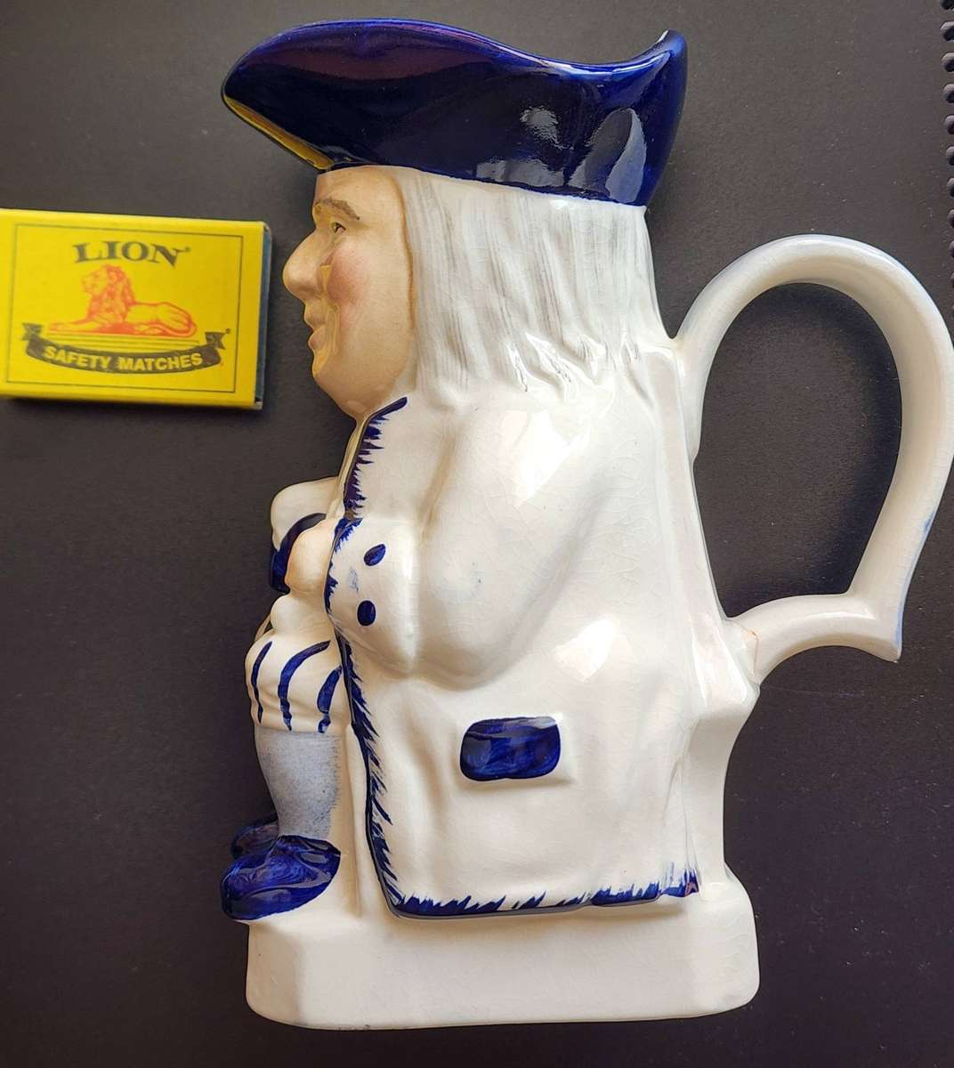 Vintage -very scarce, rare "Wood and Sons" Blue & white Toby Jug - 15cm high,9cm Square