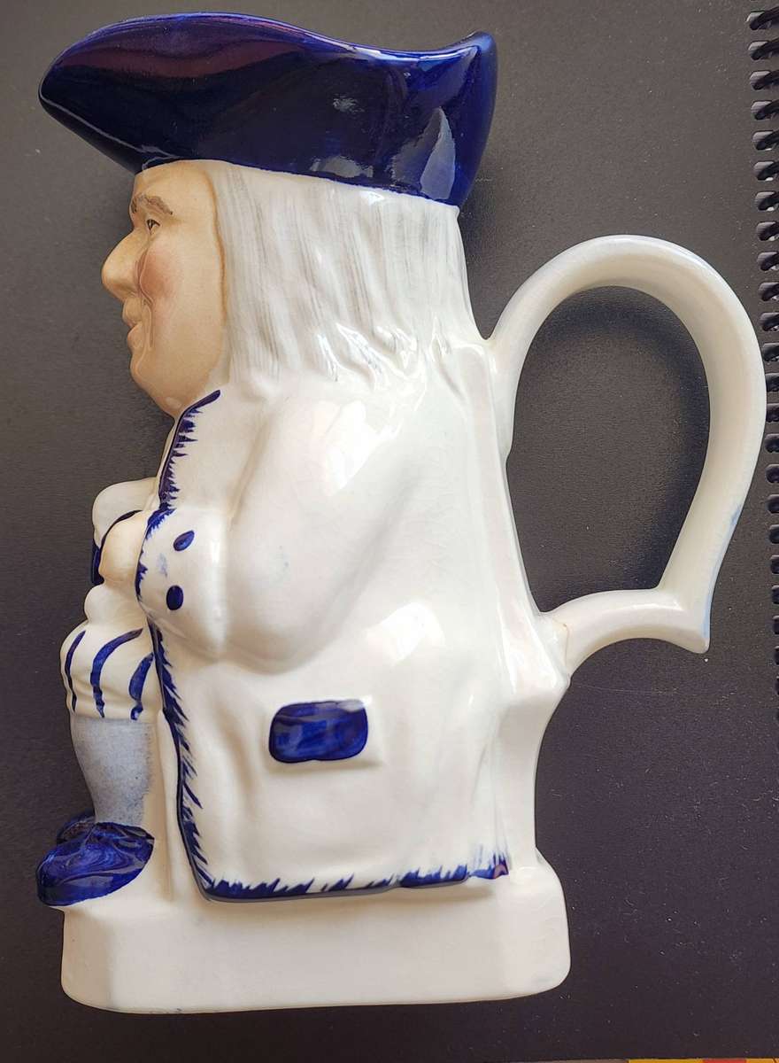 Vintage -very scarce, rare "Wood and Sons" Blue & white Toby Jug - 15cm high,9cm Square