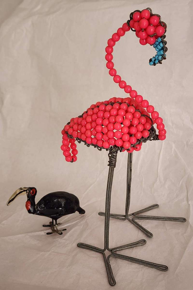 Pair of Ethnic BEADED and painted decorative BIRDS- PINK Flamingo and ground HornBill (2)