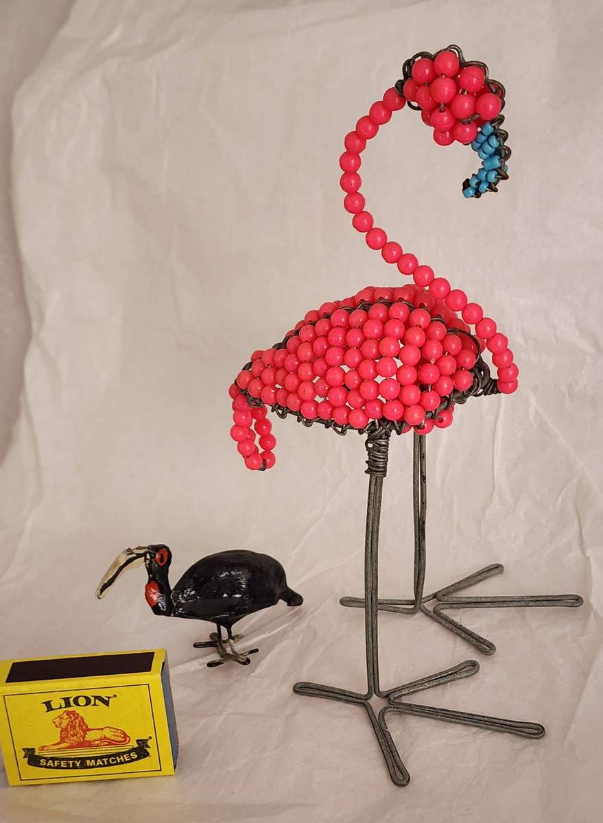 Pair of Ethnic BEADED and painted decorative BIRDS- PINK Flamingo and ground HornBill (2)