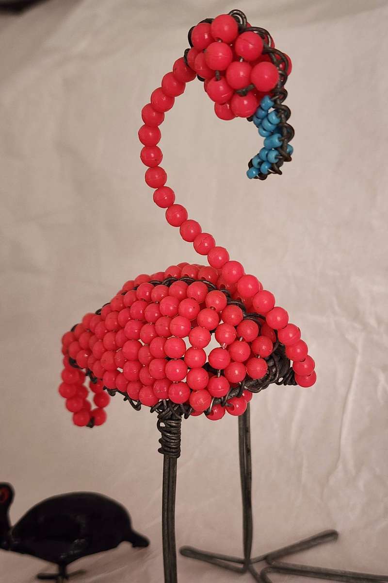 Pair of Ethnic BEADED and painted decorative BIRDS- PINK Flamingo and ground HornBill (2)