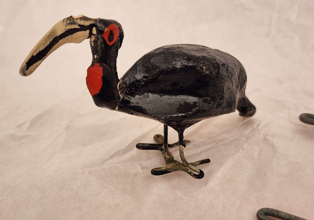 Pair of Ethnic BEADED and painted decorative BIRDS- PINK Flamingo and ground HornBill (2)