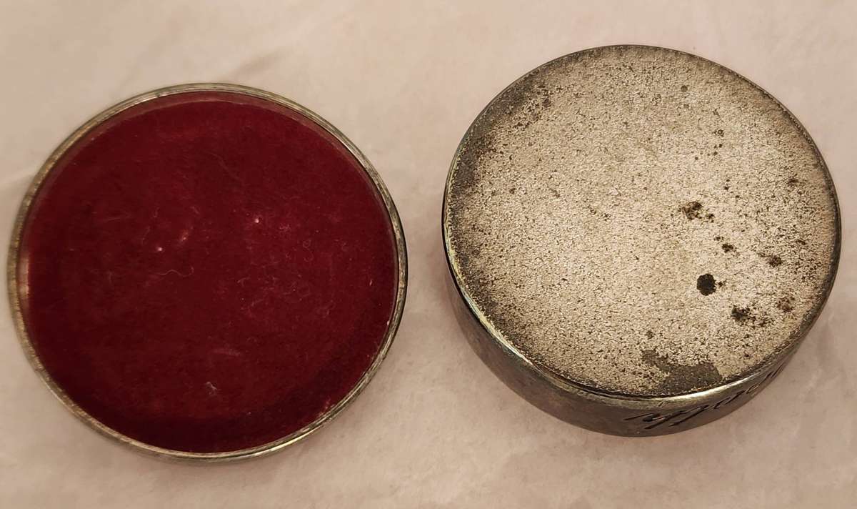 ANTIQUE Silver Round "MY FIRST TOOTH" inscribed with Teddy bear on lid- velvet lined- MAGNIFICENT !!