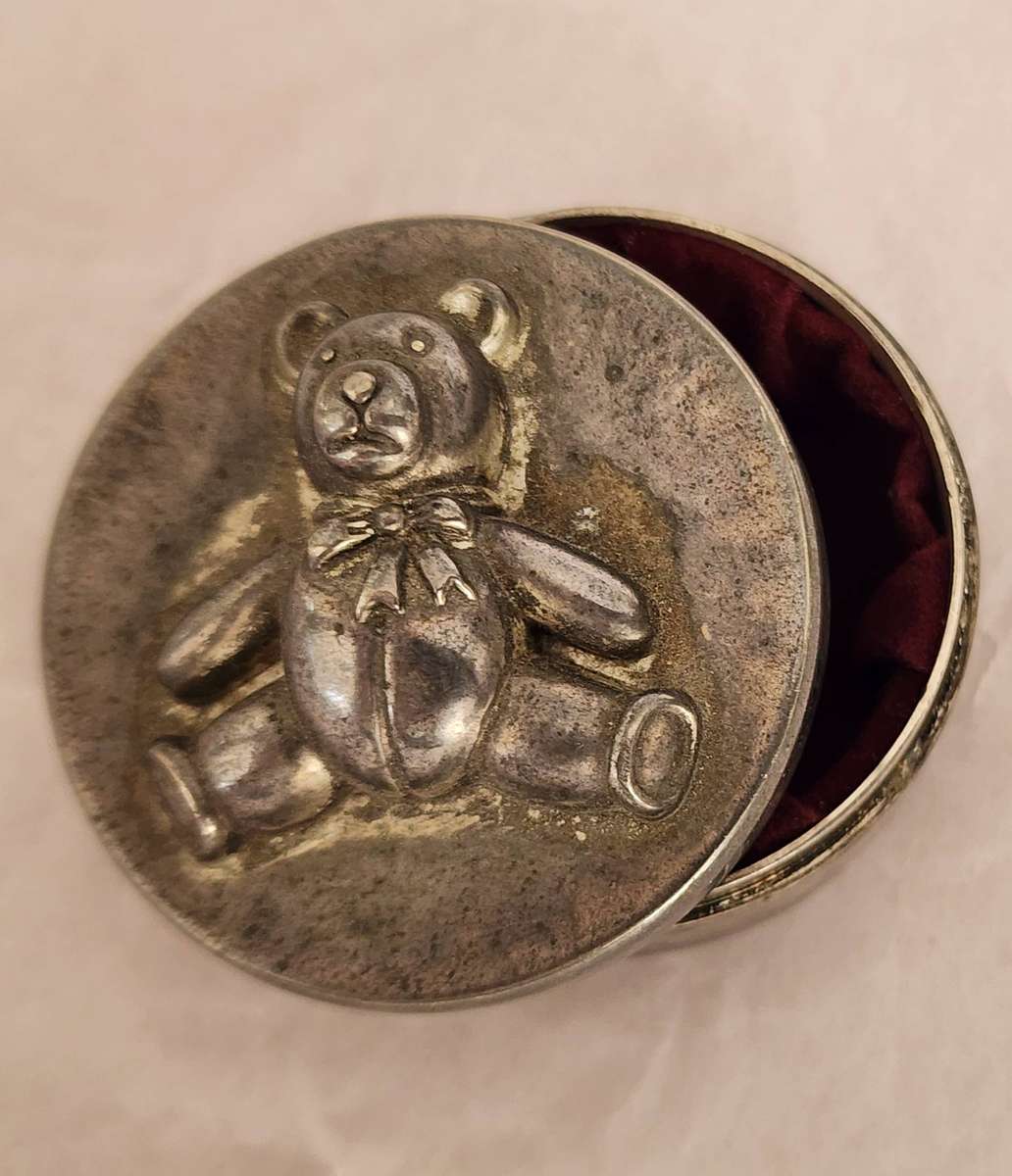 ANTIQUE Silver Round "MY FIRST TOOTH" inscribed with Teddy bear on lid- velvet lined- MAGNIFICENT !!