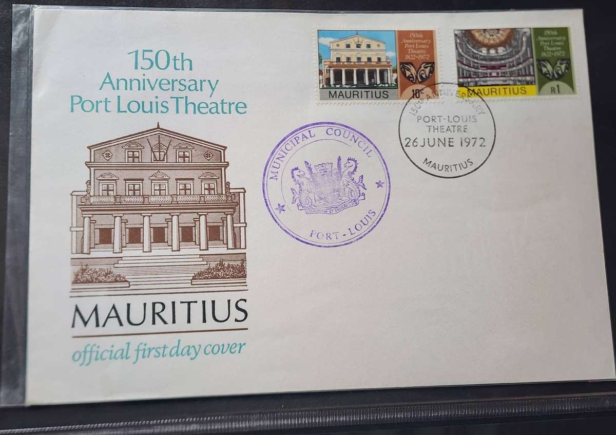 Stamps -MAURITIUS FDC's (2)- 1972 Port Louis 150th Anniv Theatre, plus Prince William of Wales -WOW!