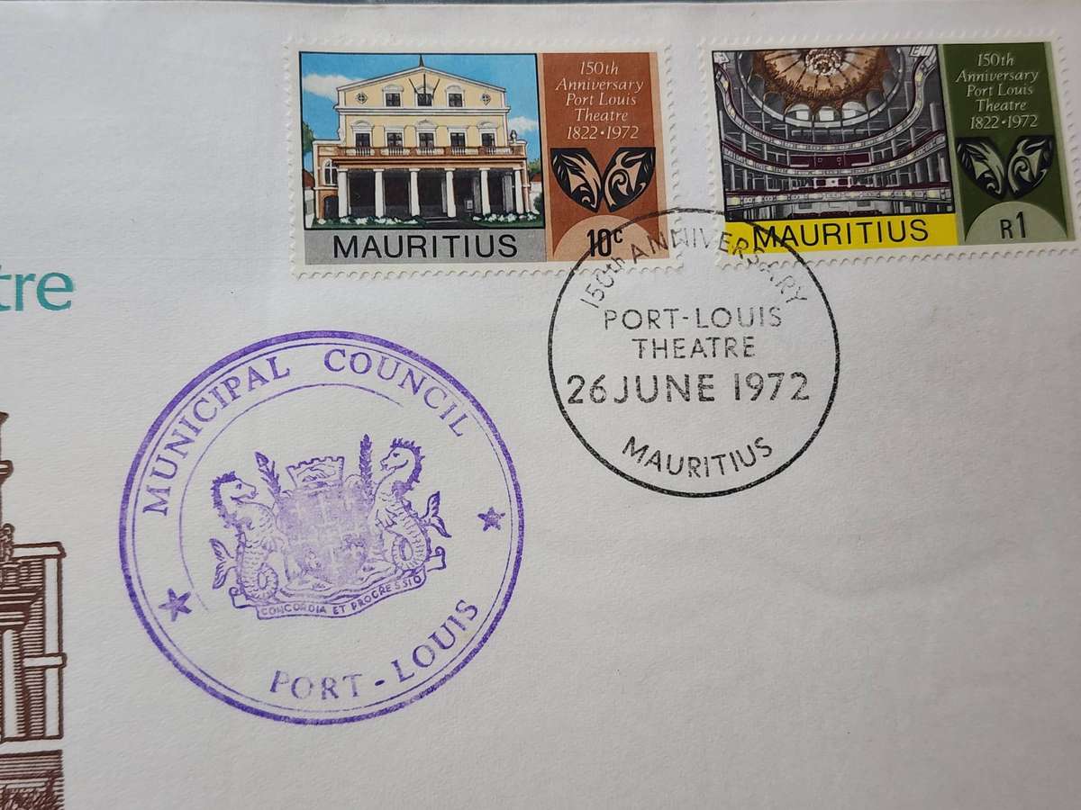 Stamps -MAURITIUS FDC's (2)- 1972 Port Louis 150th Anniv Theatre, plus Prince William of Wales -WOW!