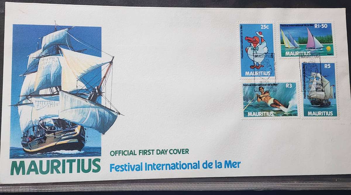 Stamps -MAURITIUS FDC's (2)- 1981 Coat of ARMS, Festival (Ships, Water sports) stunning covers!