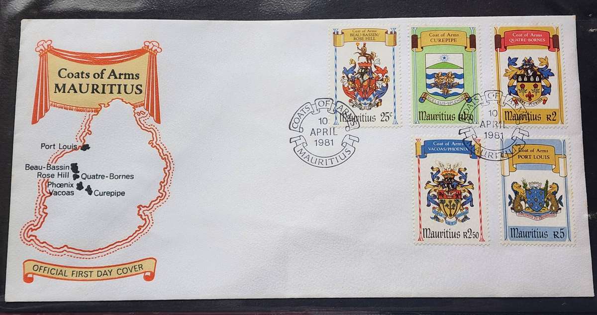 Stamps -MAURITIUS FDC's (2)- 1981 Coat of ARMS, Festival (Ships, Water sports) stunning covers!