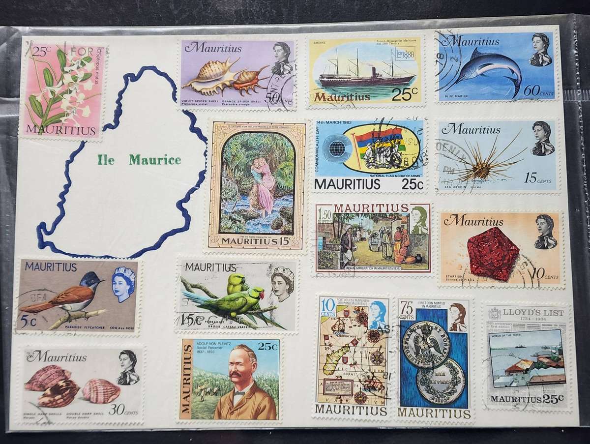 Stamps -MAURITIUS lot on card and souvenir packs- good used, Fantastic Lot (35+)  great bargain!!