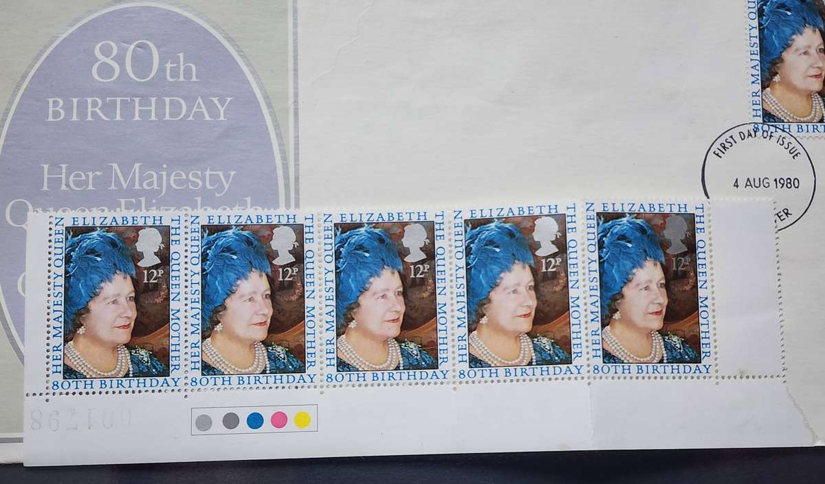 STAMPS - GB FDC's(2) 1990 Queens Awards plus 1980 Queen Mother FDC, Control strip of 5!! amazing lot