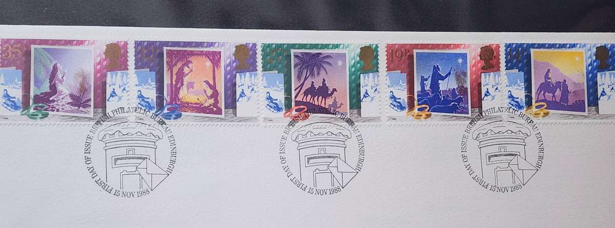 STAMPS - GB FDC's (2) 1989 Games & Toys, plus 1988 Christmas set of 5- beautiful covers!