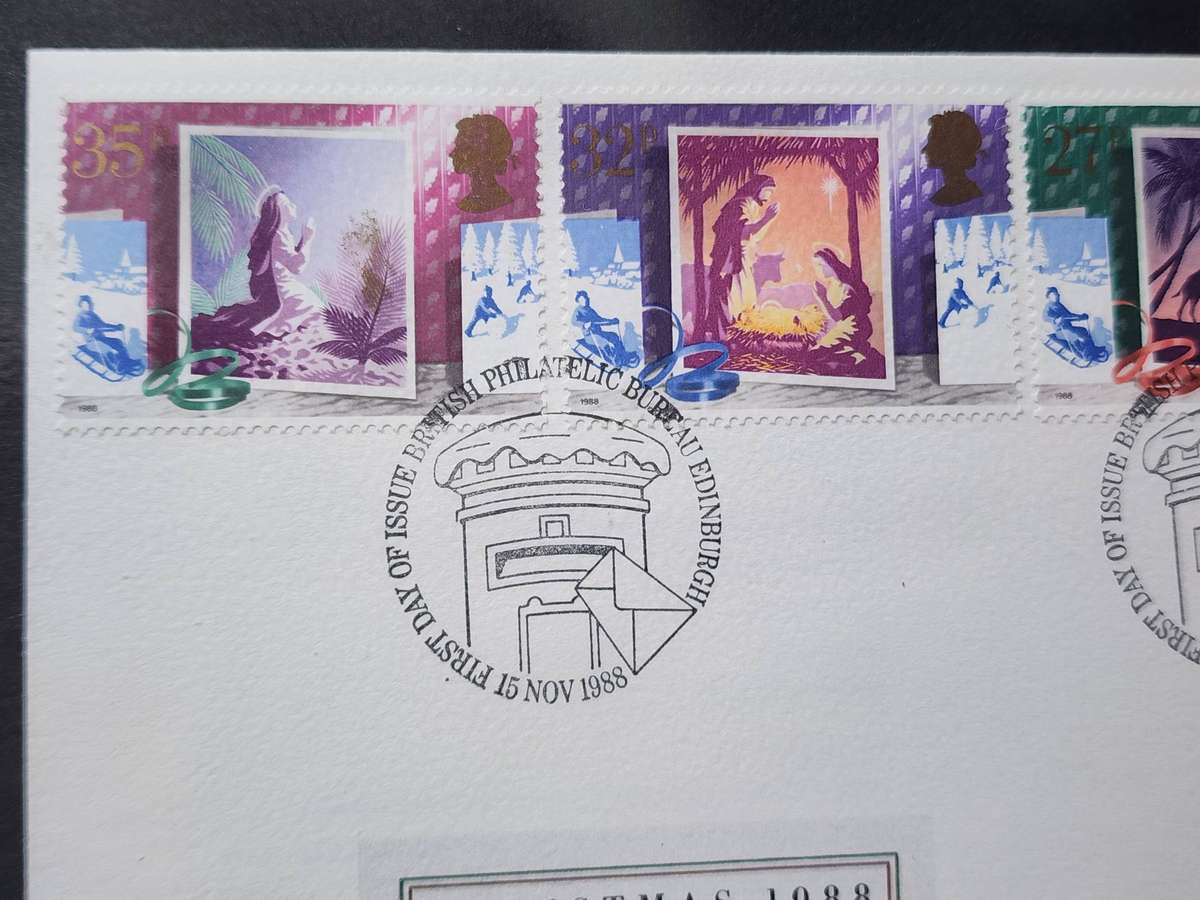 STAMPS - GB FDC's (2) 1989 Games & Toys, plus 1988 Christmas set of 5- beautiful covers!