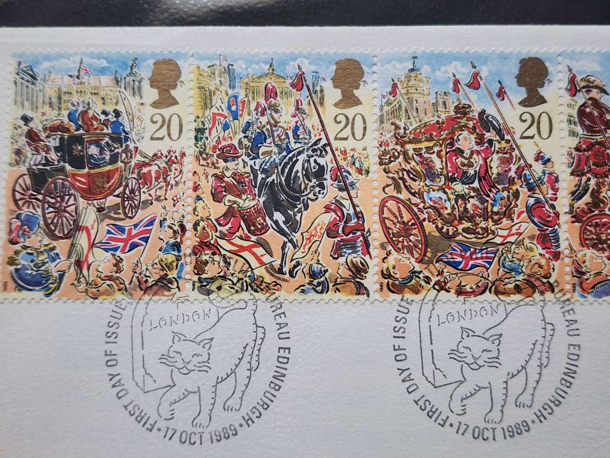STAMPS - GB FDC's (2) 1989 Lord Mayors Show strip of 5  plus Penny Black Machins scarce cover! WOW!