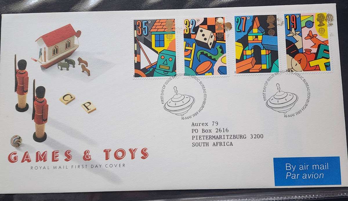STAMPS - GB FDC's (2) 1989 Games & Toys, plus 1988 Christmas set of 5- beautiful covers!