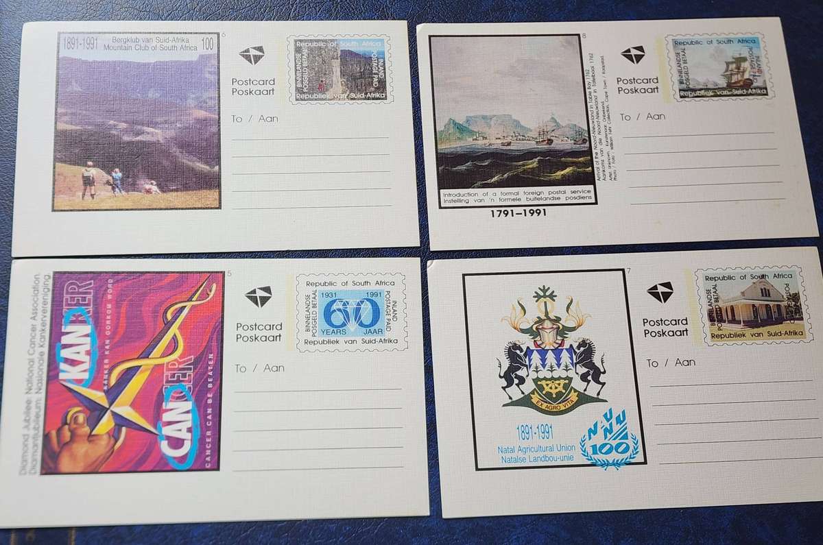 STAMPS - RSA 4 Older mint POST CARDS- Mountain club, ships, Cancer, Agriculture- lovely scarce lots