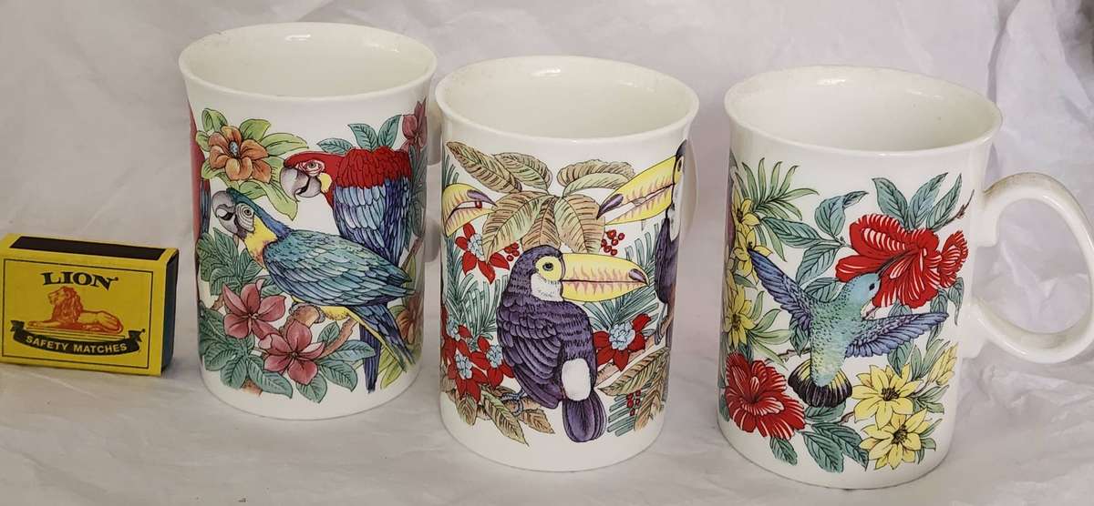 Set of 3 MUGS- "ROYAL WINCHESTER BONE CHINA, ENGLAND" featuring Birds and FLOWERs, STUNNING TRIO