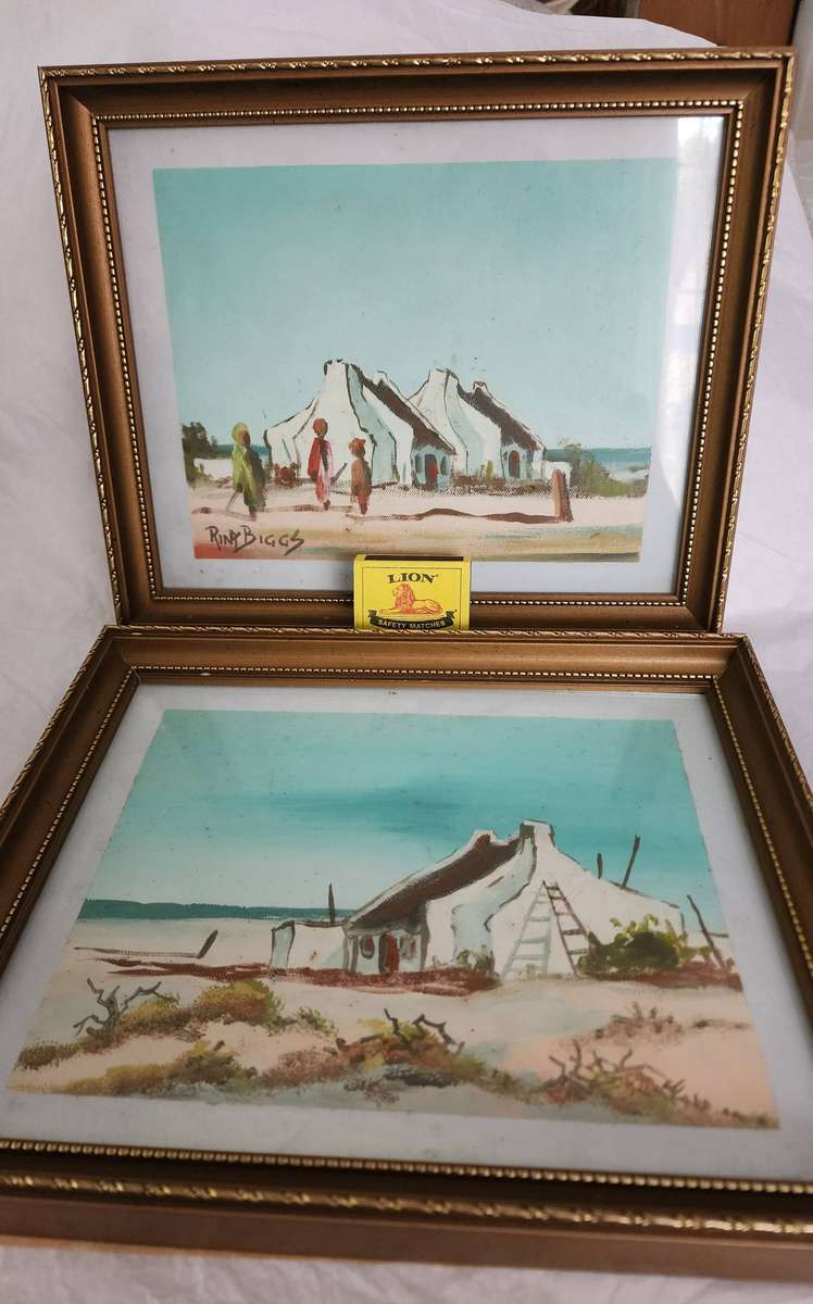 RINA BIGGS: Pair of Water colors signed Rina Biggs, 16.5 x 21 cm, framed in glass-Fisherman Cottages