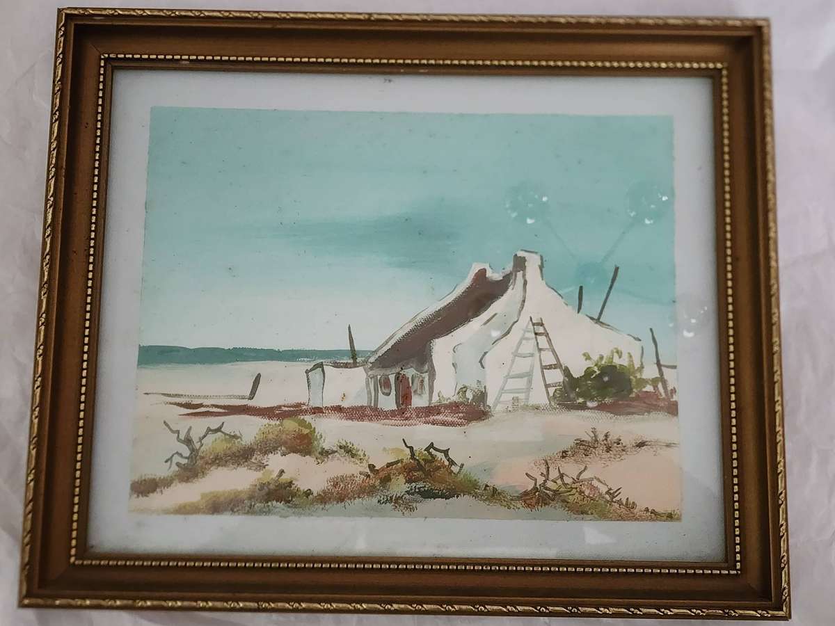 RINA BIGGS: Pair of Water colors signed Rina Biggs, 16.5 x 21 cm, framed in glass-Fisherman Cottages