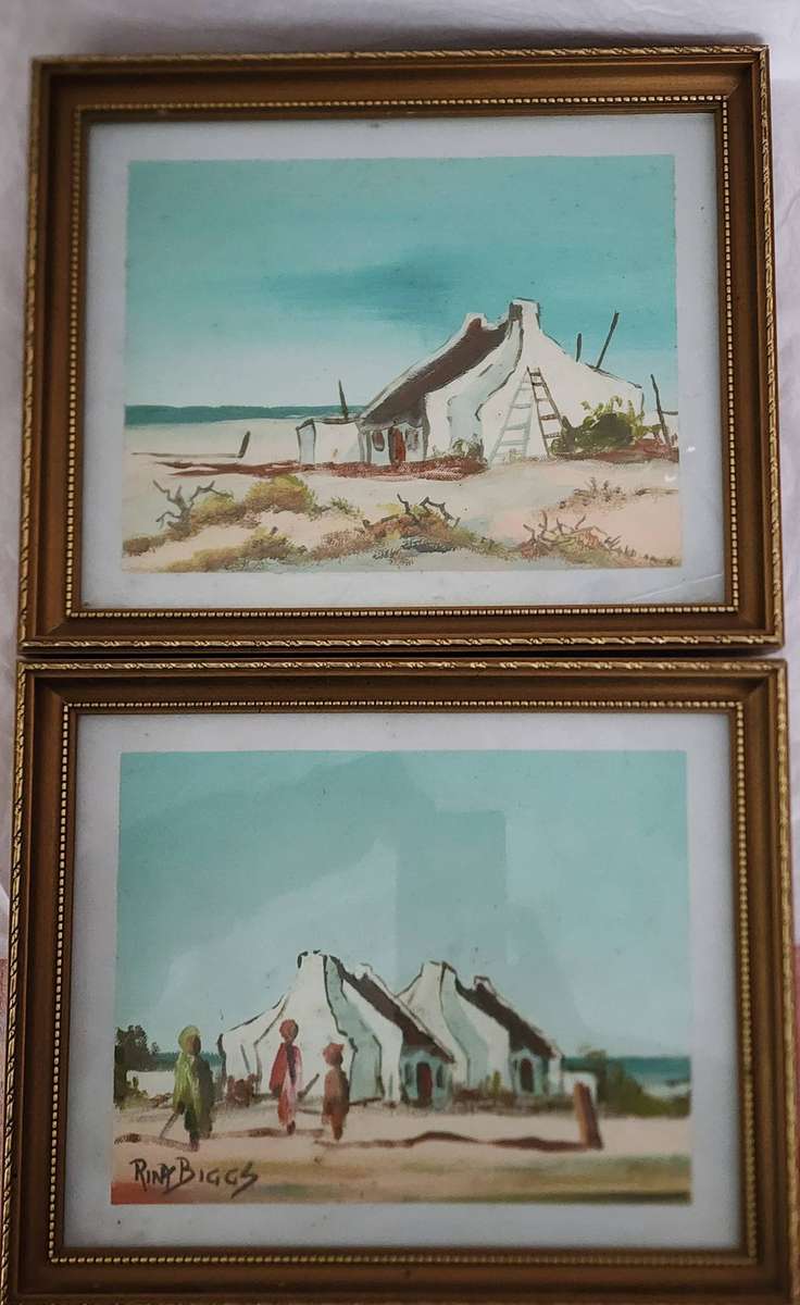RINA BIGGS: Pair of Water colors signed Rina Biggs, 16.5 x 21 cm, framed in glass-Fisherman Cottages